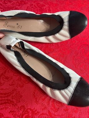 Ferca '81 Leather Ballet Flats Women's EU 40 Black Cream Made in Italy Cap Toe